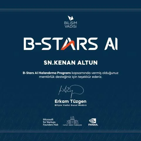 Bilişim Vadisi B-Stars AI Hızlandırma Programı mentorluk teşekkür belgesi