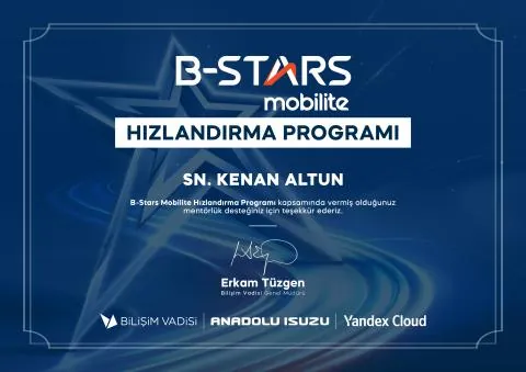 Bilişim Vadisi B-Stars Mobilite Hızlandırma Programı mentorluk teşekkür belgesi