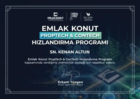 Emlak Konut PropTech ve ConTech Hızlandırma Programı mentorluk teşekkür belgesi