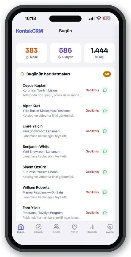 KontakCRM Bugün ekranı: günün hatırlatmaları