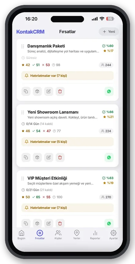 KontakCRM Fırsatlar ekranı