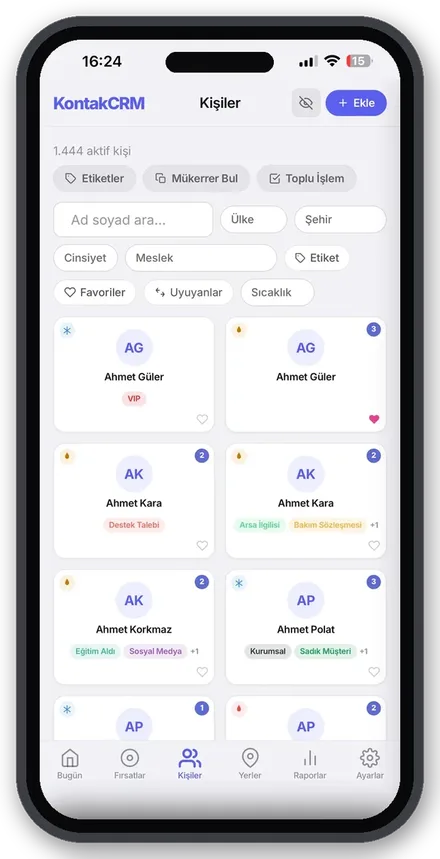 KontakCRM Kişiler ekranı: arama, filtreler ve etiketli kişi kartları