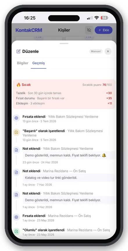 KontakCRM kişi sıcaklık puanı ekranı